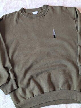 VTG 90s British Military Bowie Knife Embroidered Olive Green Faded Crewneck MD